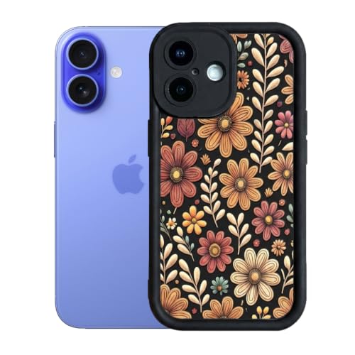 Image of ZR022 for iPhone 16 Back Case Cover | Floral Designer Aesthetic Flower Printed Soft Silicone | Slim Fit | Camera Protection | Shockproof TPU Case - Black