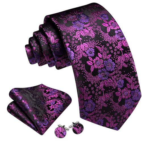 Image of Barry.Wang Flower Ties for Men Silk Woven Floral Tie Sets Necktie Handkerchief Cufflinks Wedding Party