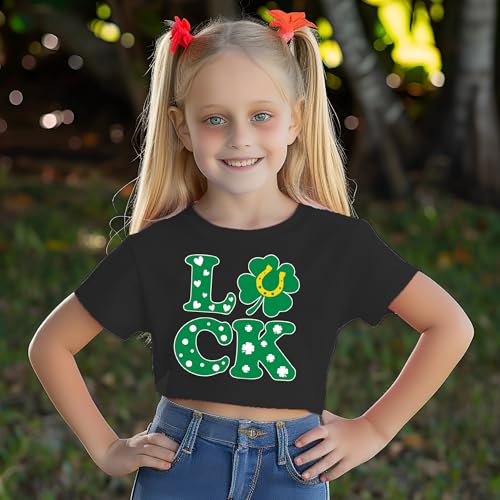 Girls St Patricks Day T-Shirts Lucky Clover Crop Tops Short Sleeve Shirts Kids Shamrock Tees 5-14 Years2