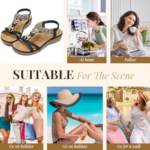 Littleplum Womens Sandals Arch Support Bohemian T-Strap Flower Rhinestone Sandals Women's Non Slip Summer Beach Flat Sandals Black Size 6 by Littleplum - Used condition - Image 6