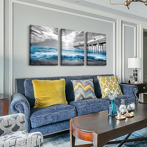 Lapremoly Black And White Beach Wall Paintings Wall Decorations For Living Room Large Canvas Wall Art For Bedroom Office Wall Decor Sea Wave Pictures Prints Artwork Modern Frame Home Decor 3 Piece