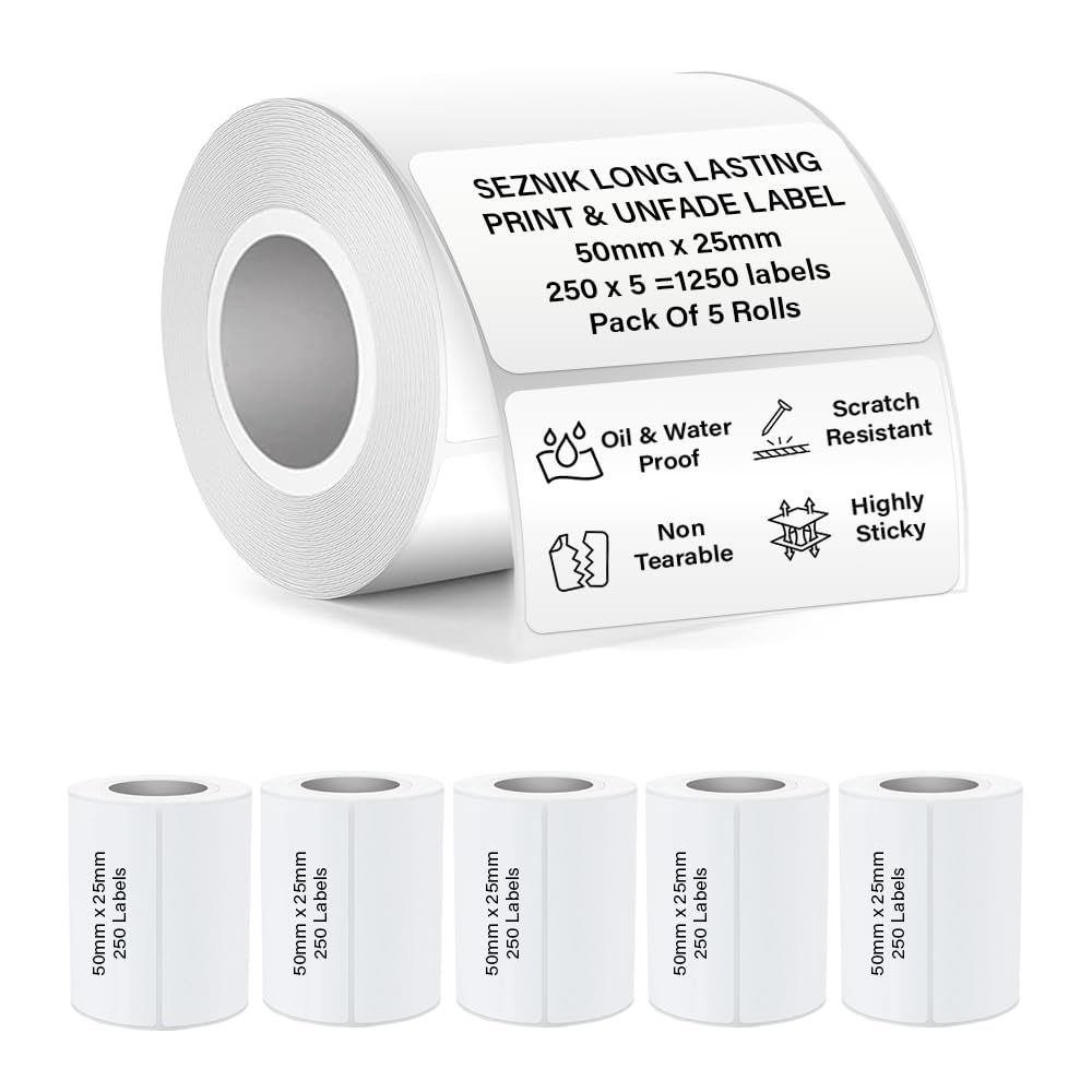 SEZNIK Waterproof, Non-Tearable, Sticky Thermal Lables, Label Roll, 2 inch Adhesive Thermal Labels for Label Printers (50mmx25mm - 1250 Lables), 1250 Labels discount deal