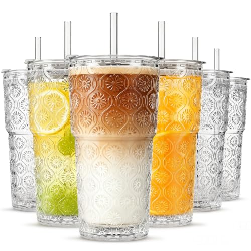 Image of INSETLAN 20 oz Begonia Flower Glass Tumbler Set of 6 - Thickened Glass Cups with Lids and Glass Straws for Iced Coffee, Smoothies, Milk, Water, and More - Elegant& Durable Drinkware