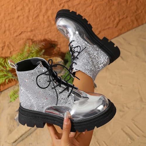 Generisch Damen Stiefeletten Plateau Schnürstiefel Disco Pailletten Chunky Boots Vintage Party Stiefeletten mit Runder Kappe & Stabler Sohle, Alltag Herbst Winter Gothic Boots Karneval Kostüm