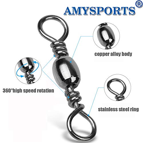 Amysports High Strength Fishing Swivels Barrel Solid Ring Barrel Fishing Swivel Rolling Fishing Tackle Line Connector Saltwater Freshwater Stainless Steel Accessories 100Pcs 44Lbs #TOP2