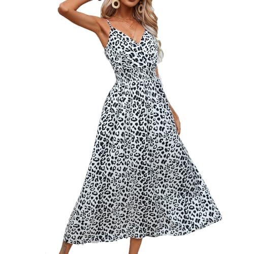 BSLVWG Damen Sommer Spaghetti Träger ausgestelltes V-Ausschnitt Kleid Rüschen Ärmellos Leopard Strand langes Kleid (DE/NL/SE/PL, Alphanumerisch, S,...