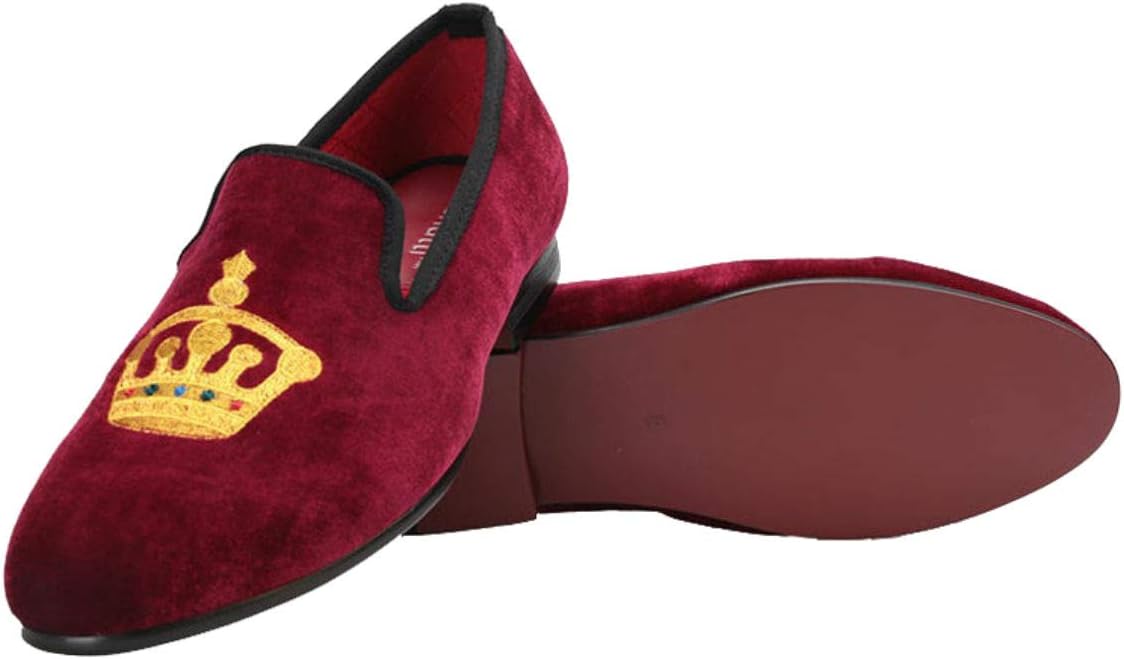 FERUCCIHandmade Burgundy Men Velvet Slippers Loafers with Gold Crown