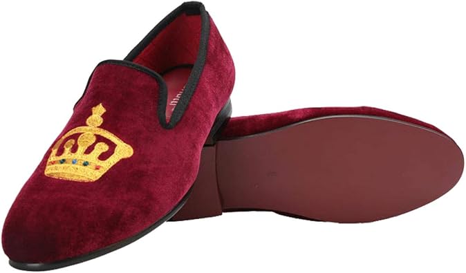FERUCCI Handmade Burgundy Men Velvet Slippers Loafers with Gold Crown