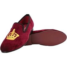 FERUCCI Handmade Burgundy Men Velvet Slippers Loafers with Gold Crown