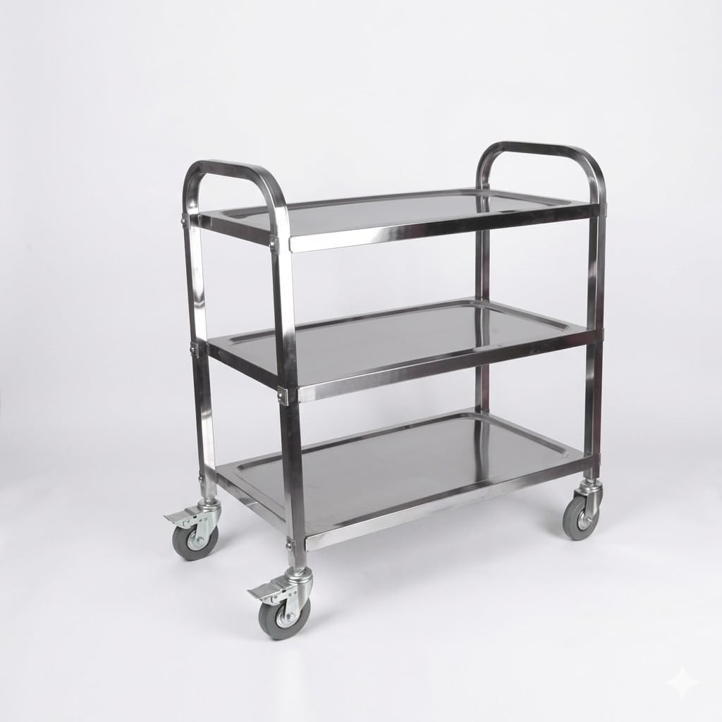 Carro de Servicio Acero Inoxidable 3 Bandejas 96,5x50x89,5 cm | Ruedas Giratorias con Freno Ø100 mm | Capacidad 75 kg | Hostelería, Catering y Cocinas Profesionales