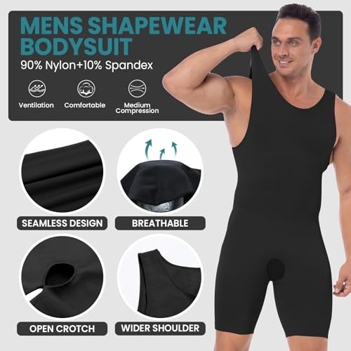 Mens Shapewear Bodysuit Compression Undershirt Black Medium2