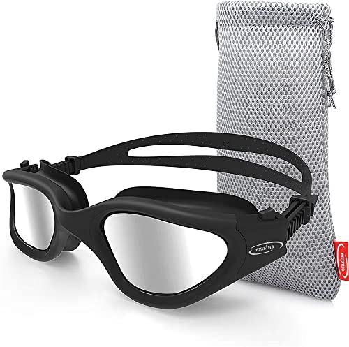 Emsina Swim Goggles Polarized Swimming Goggles Anti-Fog for Adult Men Women (Black Silver Lens)