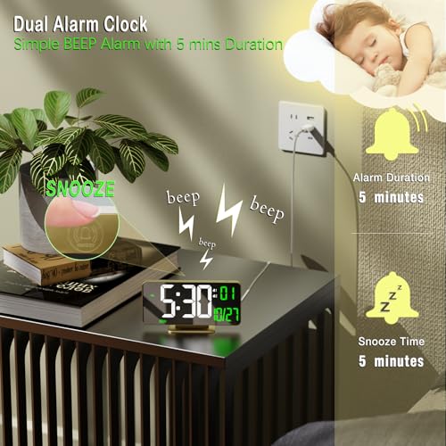 Image of KOSUMOSU Desk Clock for Bedroom Accessories 6.7in Gold Digital Alarm Clock with Dimming,12 /24h, Date, Day of Week, Temp, LED Clock, Modern Digital Calendar Clocks for Living Room Essentials
