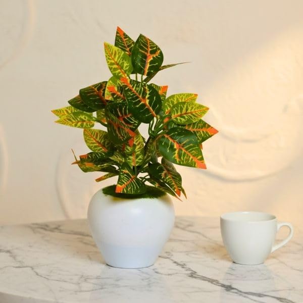 Image of fancymart Artificial Plant Leaves in Apple Pot (30 cm Height) | Small Potted Plant for Office Desk | Home Decor for Living Room | Cafe & Restaurant Table Decoration