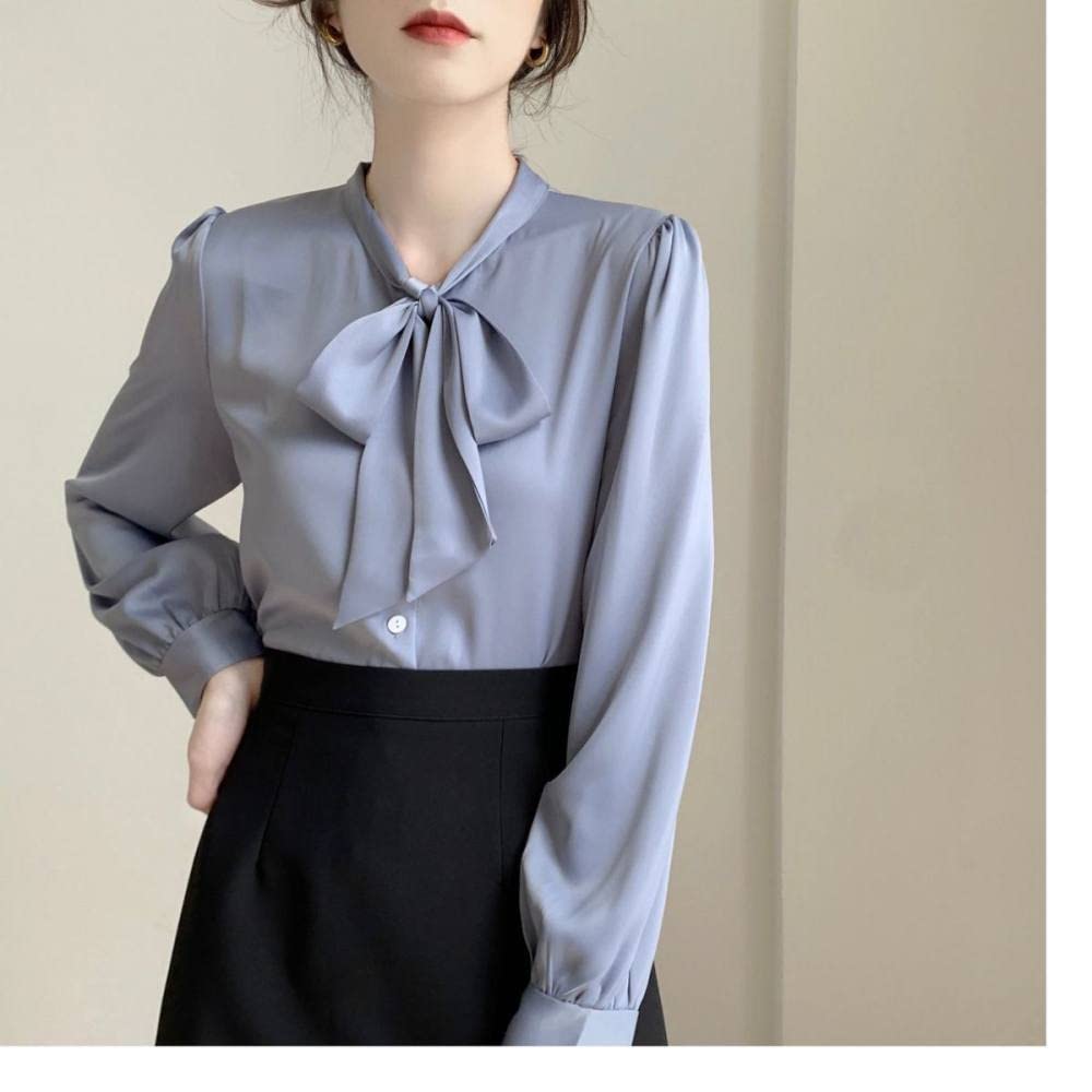 Elegantes Lässiges Langarm-Top,Damen Satin Seidenbluse Shirt Blau V-Ausschnitt Schleife Langarm Mode Hemden Business Hemd Mit Knopf Sexy Party Tops Lässige Arbeit Bürobluse Für Mädchen Damen