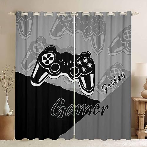 Loussiesd Gamer Curtains for Bedroom Gaming Thermal Insulated Drapes for Teens Boys Video Game Decor Curtain Game Controller Window Treatment Black Grey W46*L54
