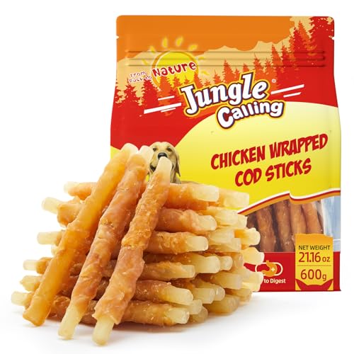 Jungle Calling 1.32lb 35-Count Rawhide Free Dog Treats 4.5-Inch Chicken Wrapped Cod Sticks for Dogs Easily Digestible Long Lasting Dog Chews Soft & Chewy Training Treats for Small Medium Dogs