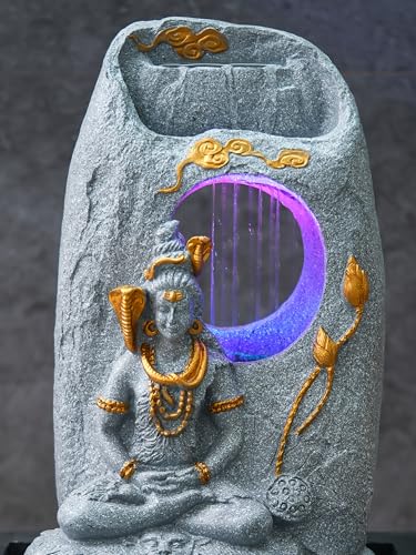Image of CHRONIKLE Grey Polyresin Tabletop Lord Shiv Indoor Water Fountain for Home Decor with LED, Speed Control Pump (Size: 37 x 28 x 56 CM | Weight: 2900Gram)