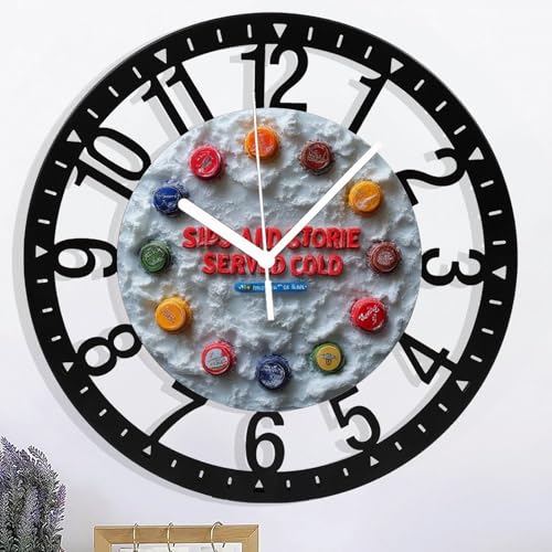 Metal Wall Clock for Living Room -10 Bottlecap Art Circle Snow Textured Wall Decor Silent Non Ticking,Battery Operated, Antique Wood Clocks for Farmhouse,Dining Room,Bedroom,Kitchen Clock Wall Decor-