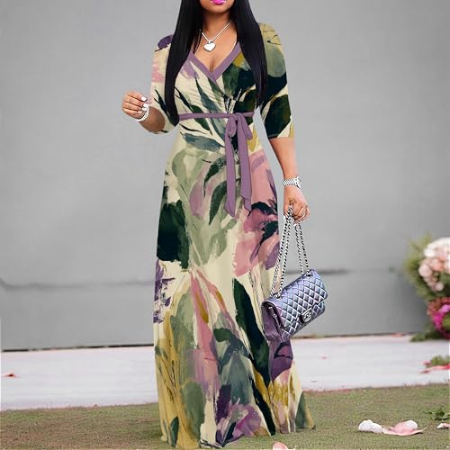 Image of PinkPatty Plus Size Maxi Dresses for Women Casual Flowy Long Dress 3 /4 Sleeve V Neck Wrap Dress with Belt