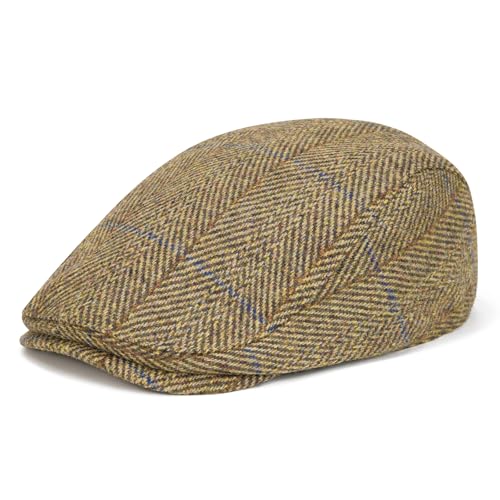 FEINION Men Wool Blend Flat Cap Tweed Newsboy Ivy Hat (Plaid Khaki)