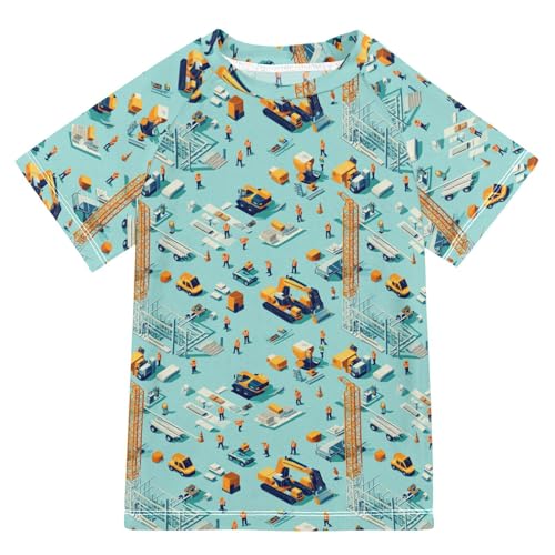 Little Girls Bathing Suitt Short Sleeve Girls Rash Guard Swimsuit 3T Construction Scene Build an Airport Tower Crane Excavator