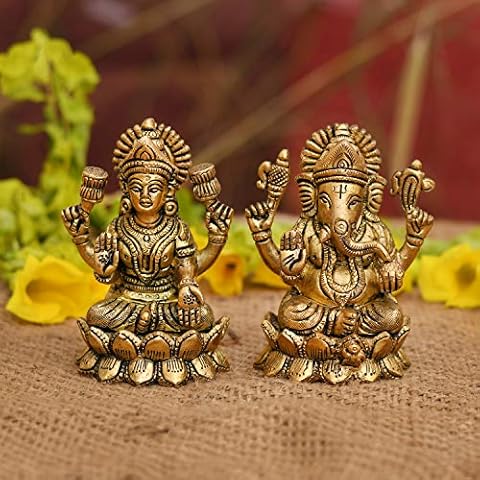 Collectible India Laxmi Ganesh Set Idol Showpiece - Brass Gold Finish Lakshmi Ganesha Idols Statue for Diwali Gifts Puja Cover