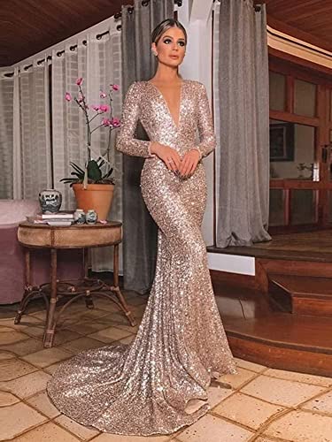 Long Sleeves Sequin Prom Dresses V Neck Glitter Mermaid Evening Party Gowns Formal Dress3