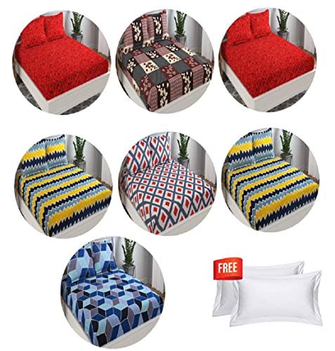 Bsb Home ® 200 Gsm With 144 Tc Cotton Printed Double Bedsheets King Size Bed Sheet With 14 Pillow Covers (Combo, Multicolour, 6 X 7 Ft) -Pack Of 7