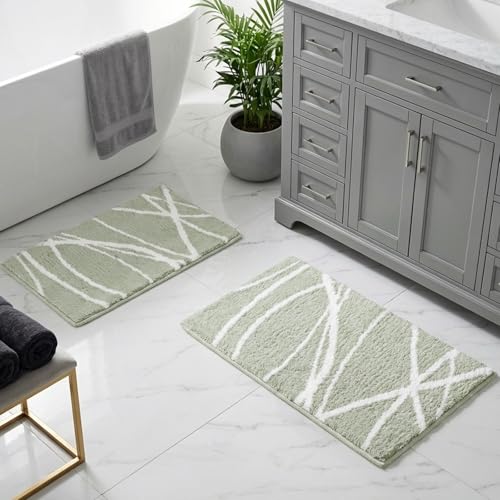 Tititex Luxury Sage Green White Curve Line Bathroom Rug Set,