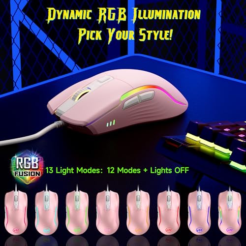 Image of memzuoix Wired Gaming Mouse with RGB - 6 Adjustable DPI up to 12800, 6 Buttons, 12 Lighting Modes, Ergonomic Design with Anti-Slip Rubber Wheel, 5.6ft Braided Cable for PC /Mac /Windows - Pink