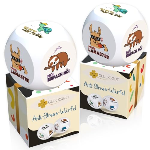 GLÜCKSGUT® Anti-Stress-Würfel | 2er Pack Chill Out | Lustiger Stresswürfel | 6 Motive, Geschenkbox & Anleitung | Spielzeug für Stressabbau, Kollegen & Büro Geschenk