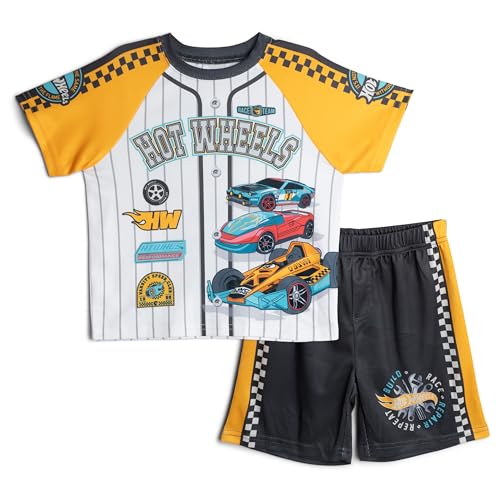 Hot Wheels Toddler Boys Mesh Baseball Jersey Athletic T-Shirt and Shorts Outfit Set Golden Yellow/Gray 4T