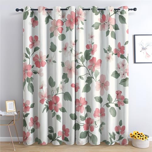 Pink Floral Curtains Blackout, 72 Inch - Flower Plant Green Leaf Curtains for Home Decor, Bedroom, Living Room, Pink Floral Room Decor Grommet Window Drapes, 2 Panels Set 42x72 C523