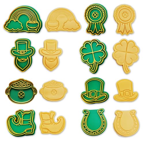 3D Holiday Cookie Cutters With Plunger Stamps,8 Piece Seasonal Cookie Cutter Set Cheese Baking Molds for Spring, Valentine's Day, Halloween, Chrismas, Easter, St.Patrick Day (St. Patrick's Day)
