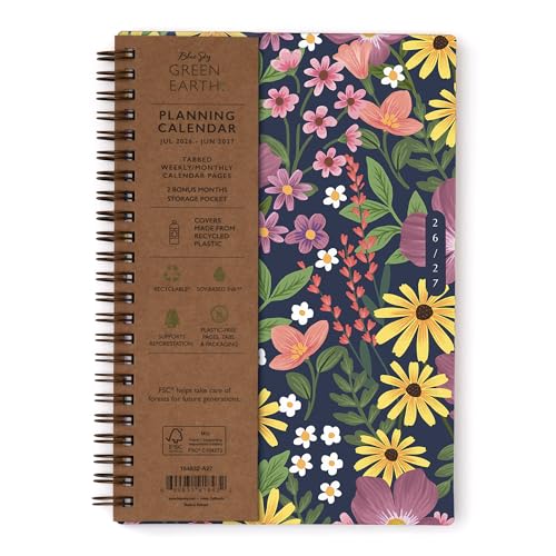 Blue Sky Sustainability 2026-2027 Weekly and Monthly Academic Year Planner Calendar July 2026 - June 2027 5 x 8 Flexible Cover From Recycled Plastic Wirebound Laminated Tabs Storage Pocket Gail