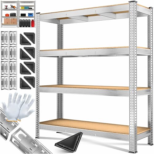 MASKO® Schwerlastregal Lagerregal Kellerregal 160x160x60cm, 1200kg belastbar 4 verstellbare Ablagen, MDF-Platten Regal aus Metall, Steckregal, Werkstattregal Stahlgestell Garage Werkbank Silber