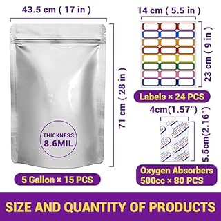 15PCS Mylar Bags for Food Storage 5 Gallon 17"x28" 8.6Mil, with Oxygen Absorbers 40000cc + Labels Heat Sealable Resealable Ziplock for Long Term Storage, Mylar Bags Large Food Grade