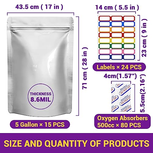 Midukit Mylar Bags Zur Langfristige Lagerung Aufbewahrung Von Lebensmitteln 5 Gallon, 43.5 x 71 CM, 8,6 Mil, Mylar Beutel Mit Sauerstoffabsorbern, 40000 CC, Heißsiegelbar, Reißverschluss, 15 Stück