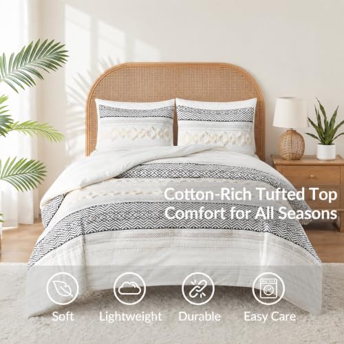 Image of Hyde Lane Boho King Size Comforter Set - 3-Piece Shabby Chic Bedding Sets, Farmhouse Bed Comforter with 2 Pillow Shams, All Season Cotton Top, Ivory Tufted Pom Pom