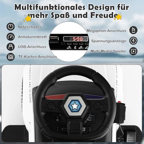 DREAMADE 6V Kinder Elektroauto, Elektrofahrzeug mit Sirene & LED Lichtern & Musik & Hupe, Batteriebetriebenes Kinderfahrzeug, für Kinder ab 18 Monate (Weiß) – Bild 3
