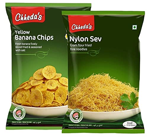 Image of Chheda's - Yellow Banana Chips (300Gm and Nylon Sev (300 Gm) | Banana Wafers | Indian Namkeen | Tasty Snacks | Ready to Eat - Combo Pack