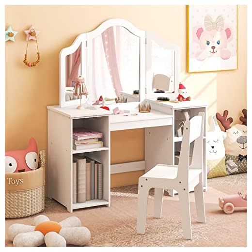 Costzon Kids Vanity, 2 in 1 Princess Makeup Desk & Chair Set with Detachable Tri-Folding Mirror, Storage Shelves, Wooden Toddler Vanity Dressing Table, Pretend Play Vanity Set for Little Girls (White)