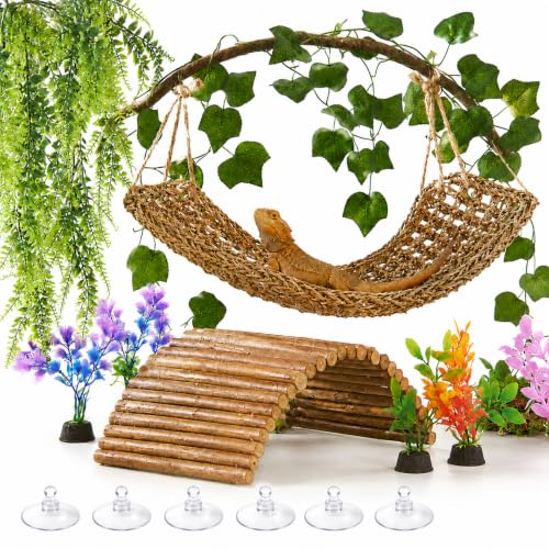 TankMatDecor Bearded Dragon Tank Accessories Reptile Mat Hammock Plants Bridge Jungle Climber Vines Terrarium Decorations for Leopard Gecko Hermit Crab Lizard Snake (9 PCS Without Reptile Mat)