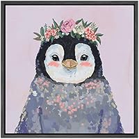 SIGNWIN Framed Canvas Wall Art Nursery Baby Peguin with Pink Flowers in Purple Animals Wildlife Watercolor Impressionism Modern Portrait Fun for Living Room, Bedroom, Office - 16