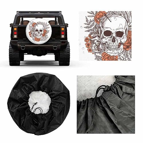 Image of Skull and Flowers Spare Tire Cover Dragonfly Tropical Plants Floral Peony Halloween Gothice Weatherproof Universal Wheel Protectors Camper Tire Covers for Trailer Rv Travel(17 inch)