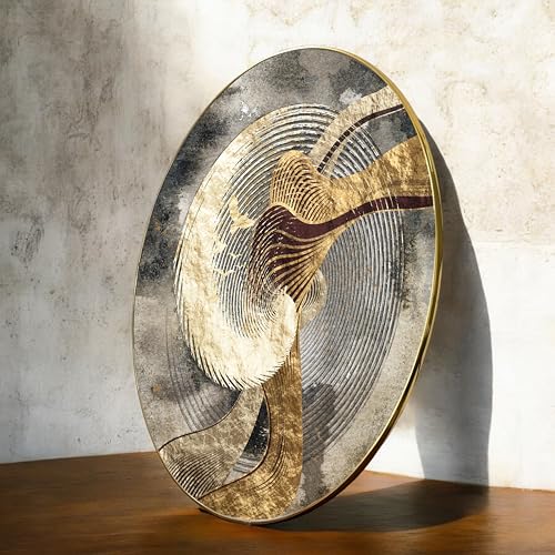 PAINTINGMANTRA Golden Wave Abstract Round Large Wall Art Painting for Living Room Decoration, Circular Gold Metal Finish Stylish Large Wall Art Print for Wall Decor (22x22 Inches)