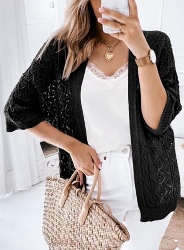 SHEWIN Summer Cardigan Sweaters for Women Lightweight 3/4 Sleeve Open Front Cropped Crochet Beach Cover Ups2
