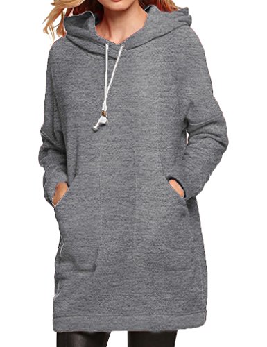 Qearl Women Autumn Loose Warm Pocket Pullover Hoodie Tunic Sweatshirt(L, Gray)