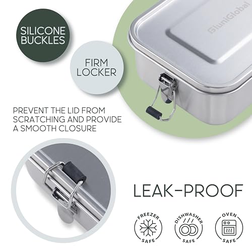 FLUNIGLOBAL Stainless Steel Lunch Box for Adults | 27 oz | Leak Proof with Silicone Locks | Eco-friendly Metal Lunch Box Container for Travel | Removable Divider | Silver
